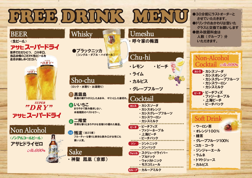 呼々家飲み放題ドリンクメニュー